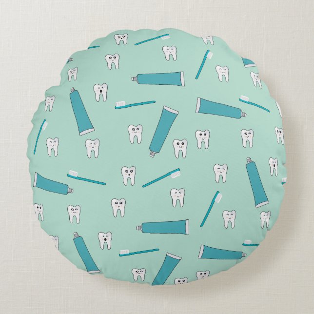 Cute Tooth Teal Mint Toothpaste Toothbrush Pattern Round Pillow (Front)