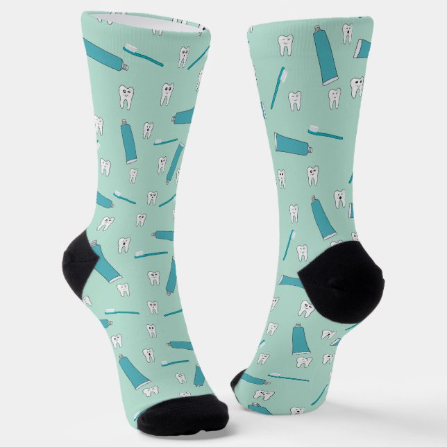 Cute Tooth Teal Mint Toothpaste Toothbrush Pattern Socks (Angled)
