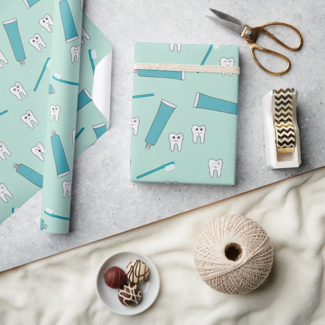 Cute Tooth Teal Mint Toothpaste Toothbrush Pattern Wrapping Paper (Crafts)