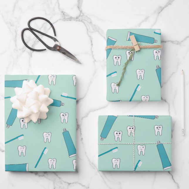 Cute Tooth Teal Mint Toothpaste Toothbrush Pattern Wrapping Paper Sheet (Front)