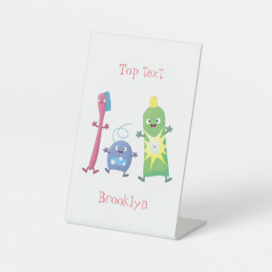 Cute toothbrush toothpaste dental floss cartoon pedestal sign