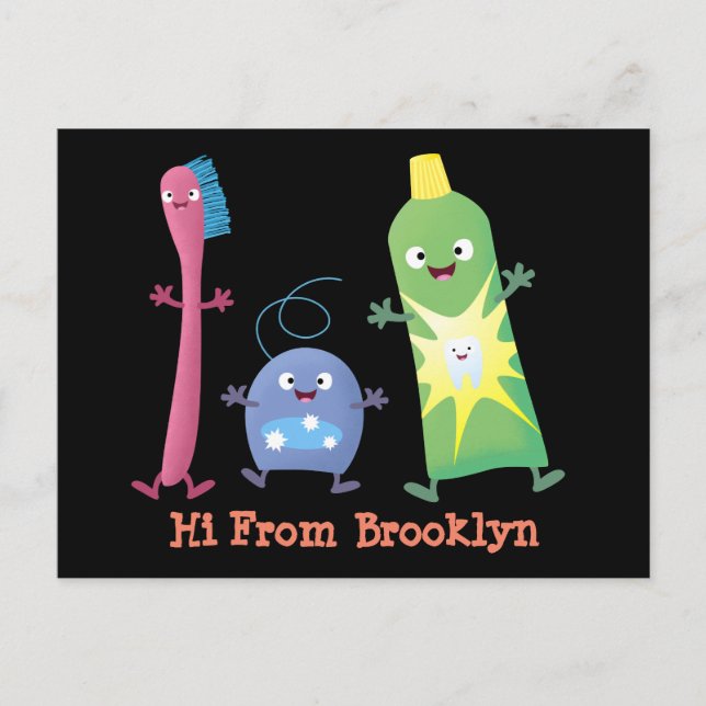 Cute toothbrush toothpaste dental floss cartoon postcard (Front)