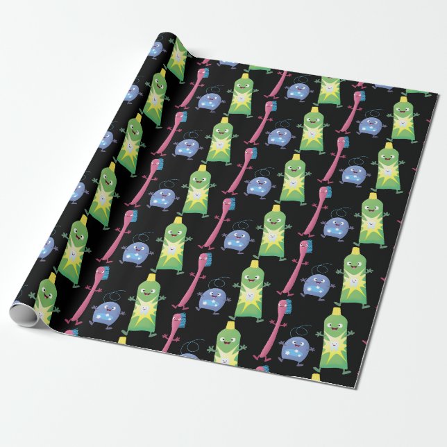Cute toothbrush toothpaste dental floss cartoon wrapping paper (Unrolled)