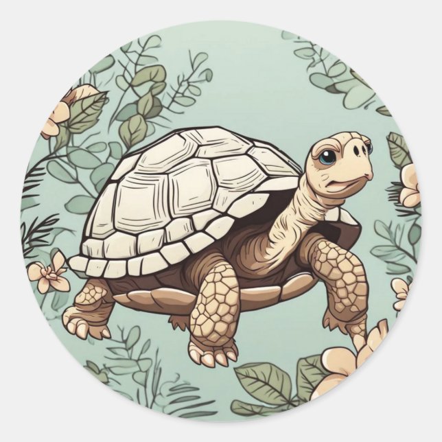 Cute tortoise on floral classic round sticker (Front)
