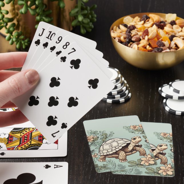 Cute tortoise on floral playing cards (In Situ)