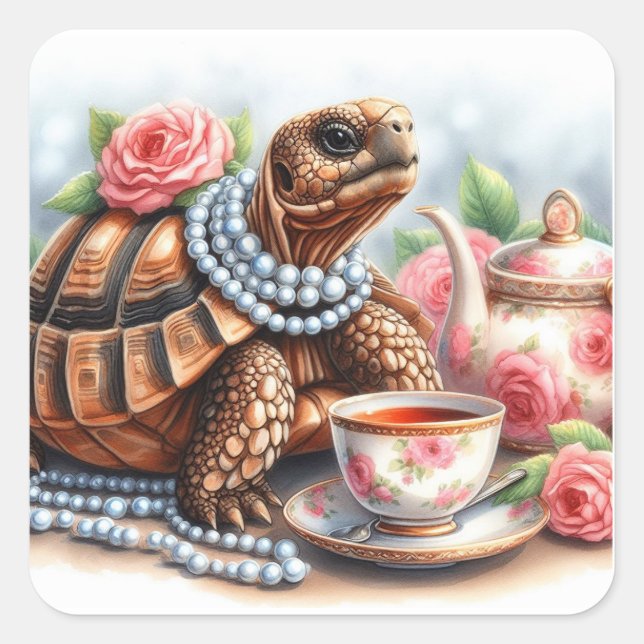 Cute Tortoise Tea Party Square Sticker (Front)