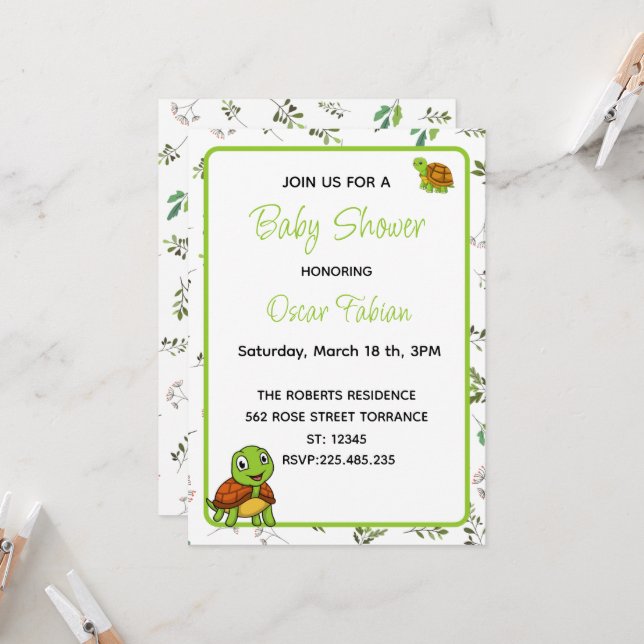 Cute Tortues minces baby shower invitation (Devant/Arrière en situation)