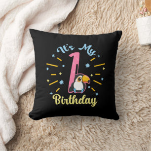 Cute Toucan 1st Birthday 1 Year Old Birth Girl  Throw Pillow