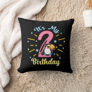 Cute Toucan 2nd Birthday 2 Year Old Birth Girl  Throw Pillow