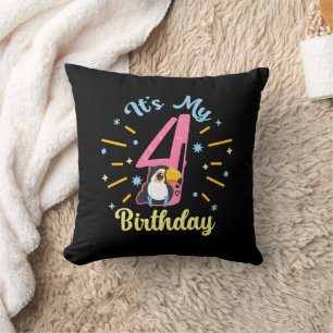 Cute Toucan 4th Birthday 4 Year Old Birth Girl Throw Pillow
