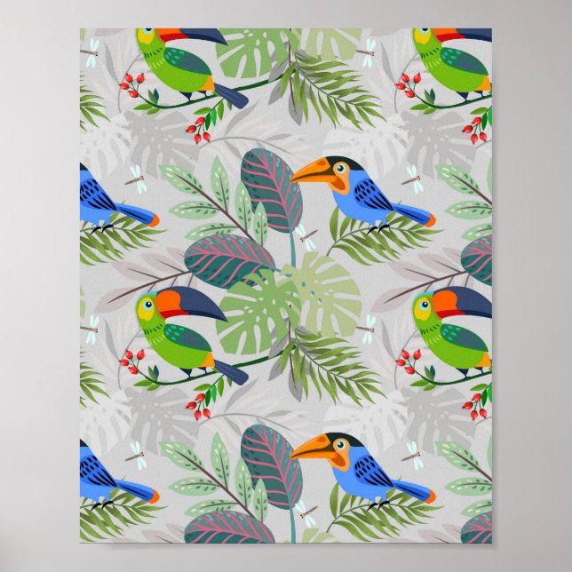 Cute Toucan bird, Everybirdy Pattern, Watercolors Poster (Front)