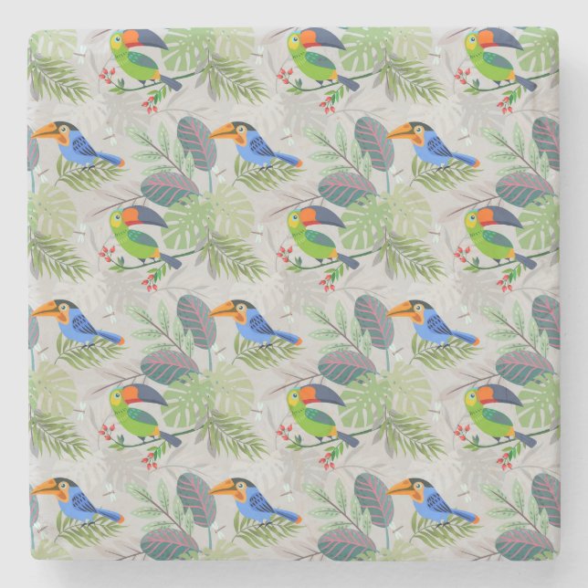 Cute Toucan bird, Everybirdy Pattern, Watercolors Stone Coaster (Front)