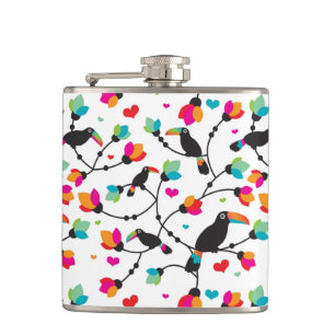 cute toucan bird tropical illustration hip flask