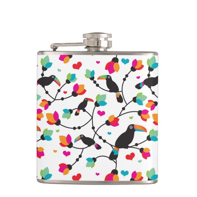 cute toucan bird tropical illustration hip flask (Front)