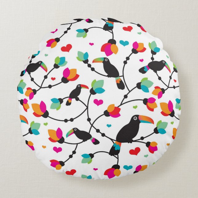 cute toucan bird tropical illustration round pillow (Front)