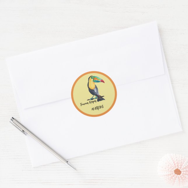 Cute Toucan Keeper Watercolor Illustration Classic Round Sticker (Envelope)