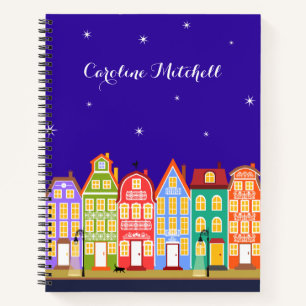 Cute Town Black Cat Cartoon Houses Spiral Notebook