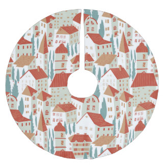Cute Town Houses: Seamless Illustration Brushed Polyester Tree Skirt