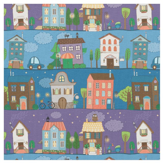 Cute Town Streets Fabric (Close Up)