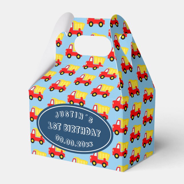 Cute toy dump truck boy´s 1st Birthday party Favor Box (Front Side)