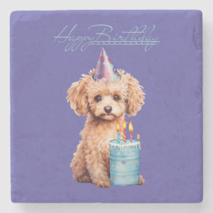 Cute Toy Poodle Birthday Cake Party Hat Watercolor Stone Coaster