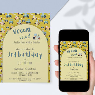 Cute Tractor farmer 3rd birthday yellow Invitation