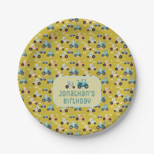 Cute tractor pattern ochre yellow name Baby Bib Paper Plate