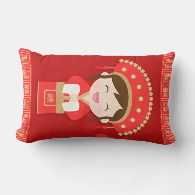 Cute Traditional Chinese Bride Wedding Decor Lumbar Pillow (Front)