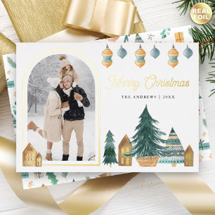 Cute Traditional Nordic Arch Photo Christmas Foil Holiday Card