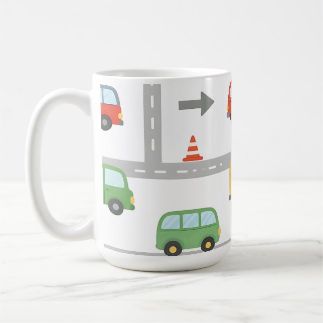Cute Traffic Road Vehicles Pattern Kids Coffee Mug (Left)