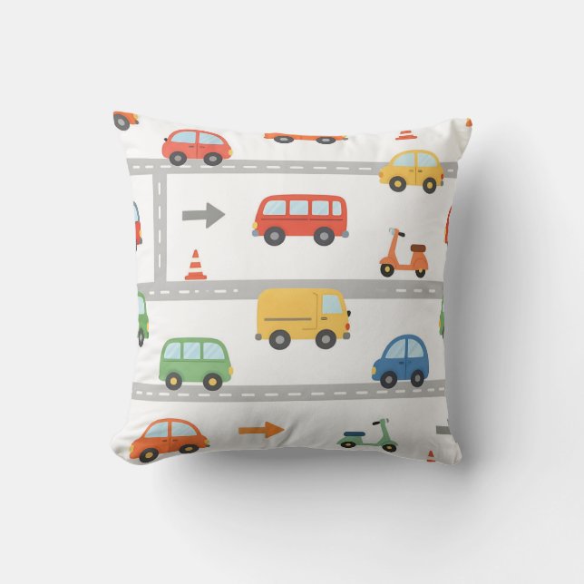 Cute Traffic Road Vehicles Pattern Kids Throw Pillow (Front)