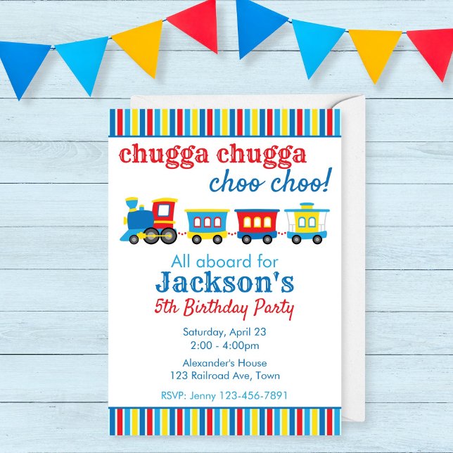 Cute Train Birthday Invitation (Invitation for a train birthday party with a cute train illustration in primarty colors)