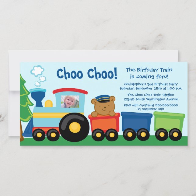 Cute train birthday party invitation photo card (Front)