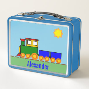Cute Train on Tracks Sunny Day & Boy's Name Metal Lunch Box