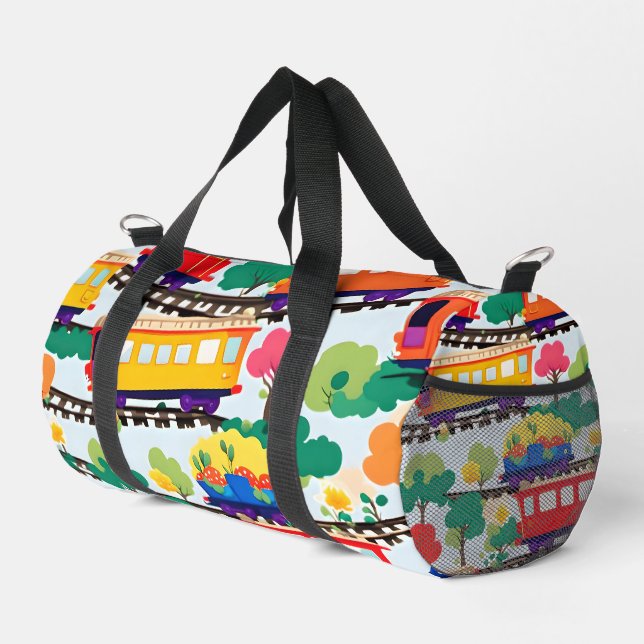 Cute trains and trees pattern blue duffle bag (Right Corner)