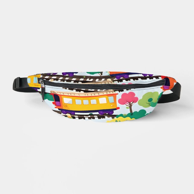 Cute trains and trees pattern blue fanny pack (Front)