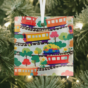 Cute trains and trees pattern blue glass ornament