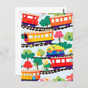 Cute trains and trees pattern blue postcard