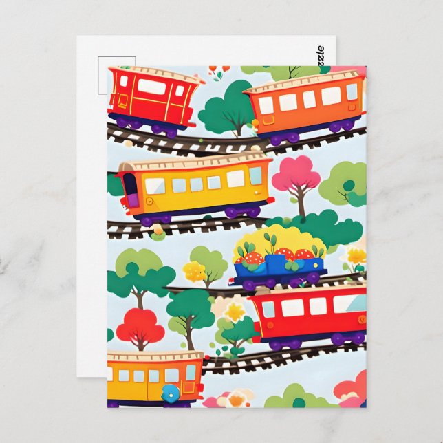 Cute trains and trees pattern blue postcard (Front/Back)