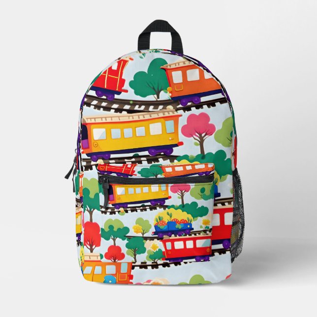 Cute trains and trees pattern blue printed backpack (Front)