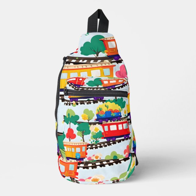 Cute trains and trees pattern blue sling bag (Front)