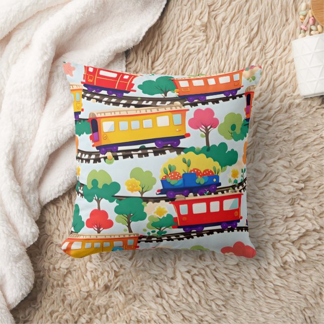 Cute trains and trees pattern blue throw pillow (Blanket)