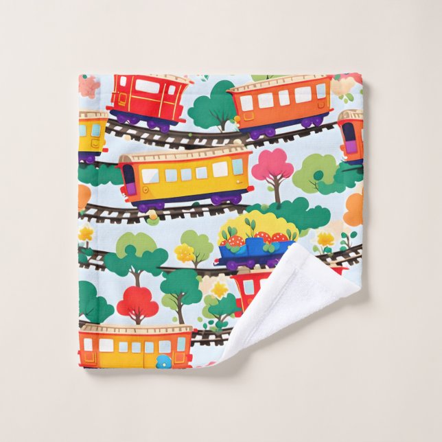 Cute trains and trees pattern blue wash cloth (Wash Cloth)