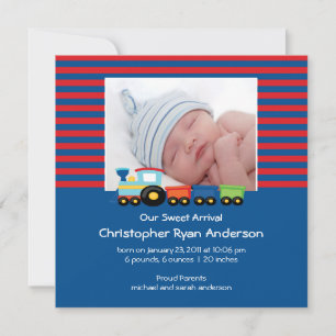 Cute Trains Baby Boy Photo Announcement
