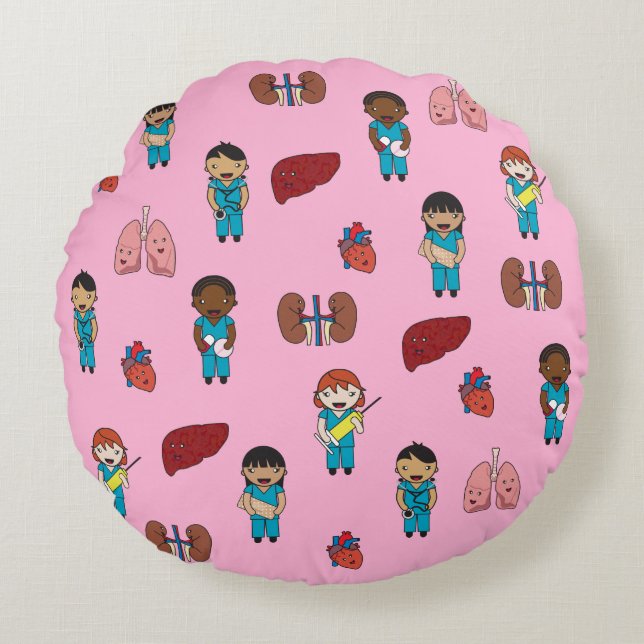 Cute Transplant Doctors and Nurses Round Pillow (Front)