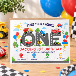 Cute Transportation Cars boy 1st Birthday Invitation