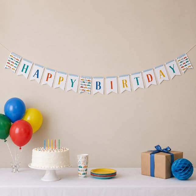 Cute Transportation Happy Birthday Banner (Transportation Birthday Banner Decoration)