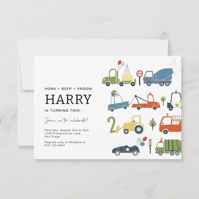 Cute Transportation Themed Party Invitation AGE 4 (Front)