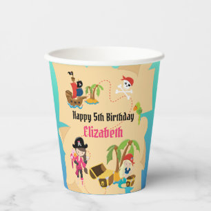 Cute Treasure Map Pink Girl Pirate Birthday Party Paper Cups