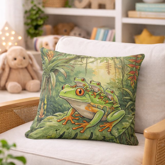 Cute Tree Frog Mama And Froglets Jungle Animals  Throw Pillow (Creator Uploaded)